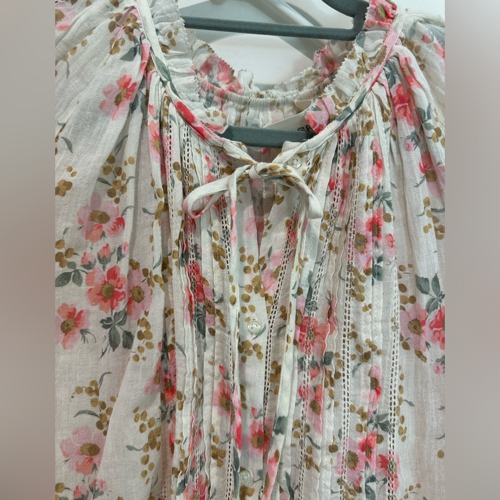 THE GREAT. Pink and Cream Floral Blouse